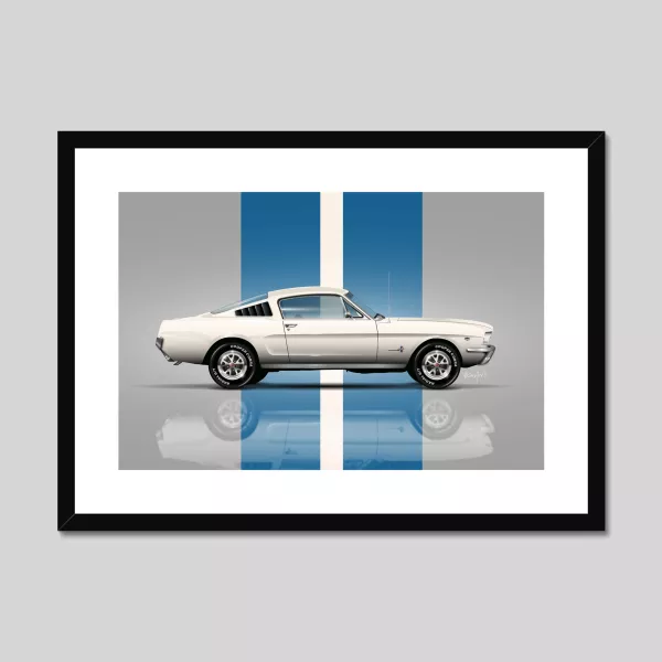 1966 Ford Mustang Fastback art print (white with stripes)